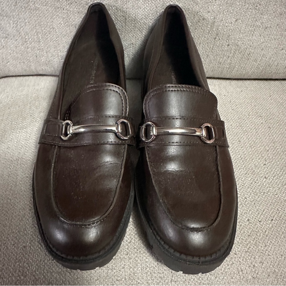 Marc Fisher Dancel Dark Brown Heeled Leather Loafers Lug Sole and Silver Accent - Picture 2 of 7